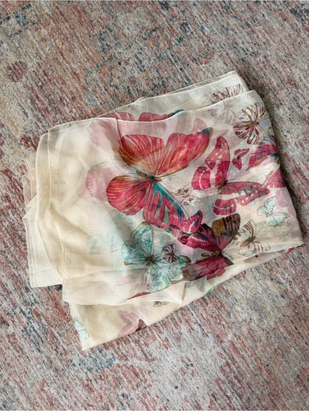 Oversized Sheer Butterfly Print Scarf Lightweight Large Shawl Wrap Cream Pink